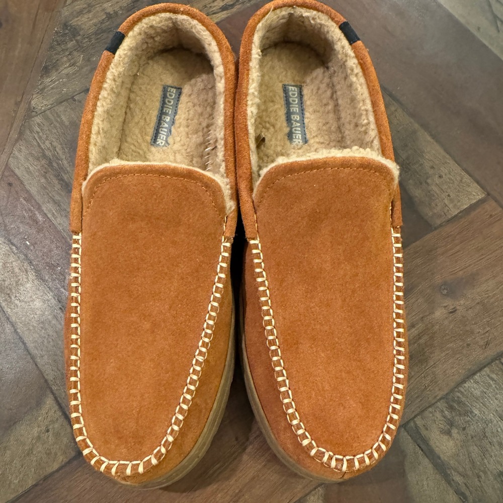 Eddie Bauer Mens Suede Moccasin Slippers Faux Fur Lining Size 13 XXL House Shoes